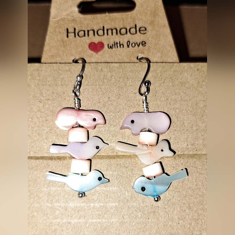 Vintage Mother of Pearl Carved Fetish & Shell Bead Earrings in Sterling
